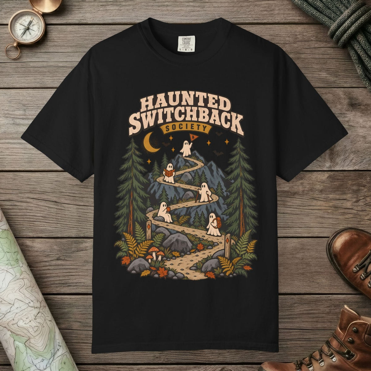 Black color unisex graphic t-shirt with "Haunted Switchback Society" design