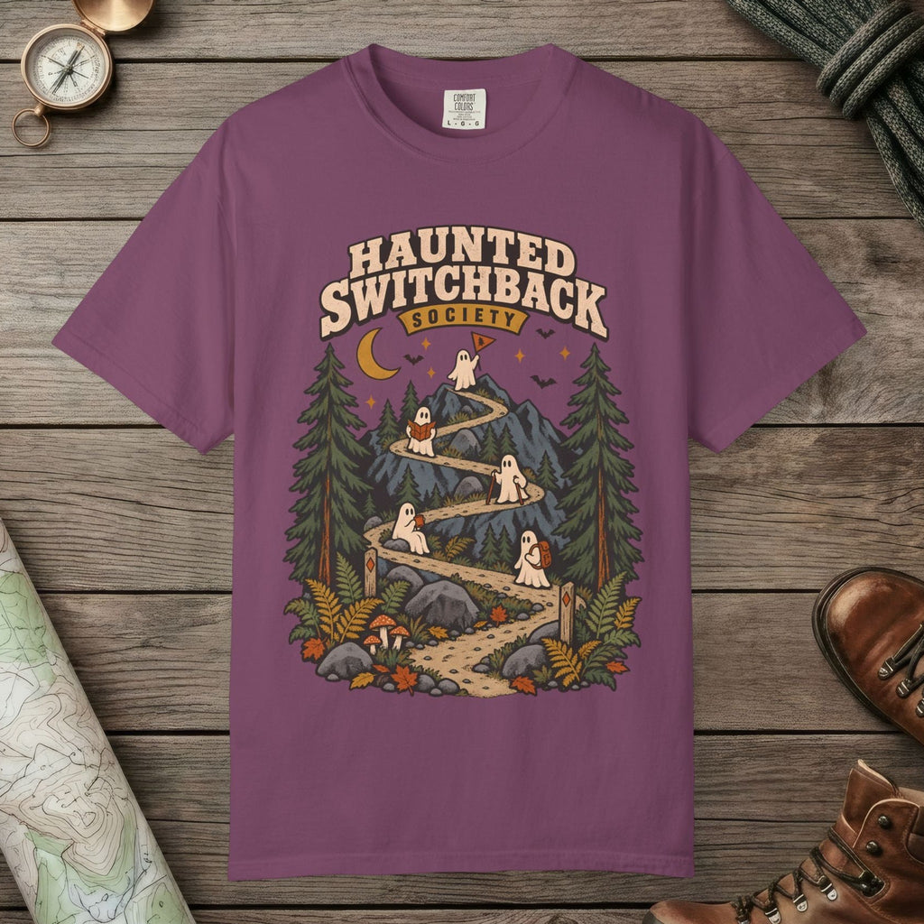 Berry color unisex graphic t-shirt with "Haunted Switchback Society" design