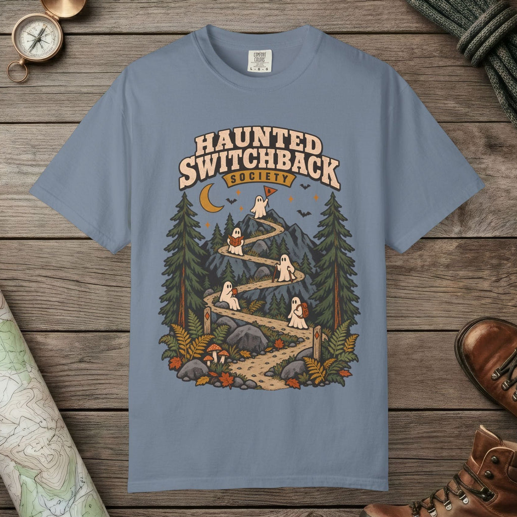 Blue Jean color unisex graphic t-shirt with "Haunted Switchback Society" design