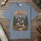 Blue Jean color unisex graphic t-shirt with "Haunted Switchback Society" design