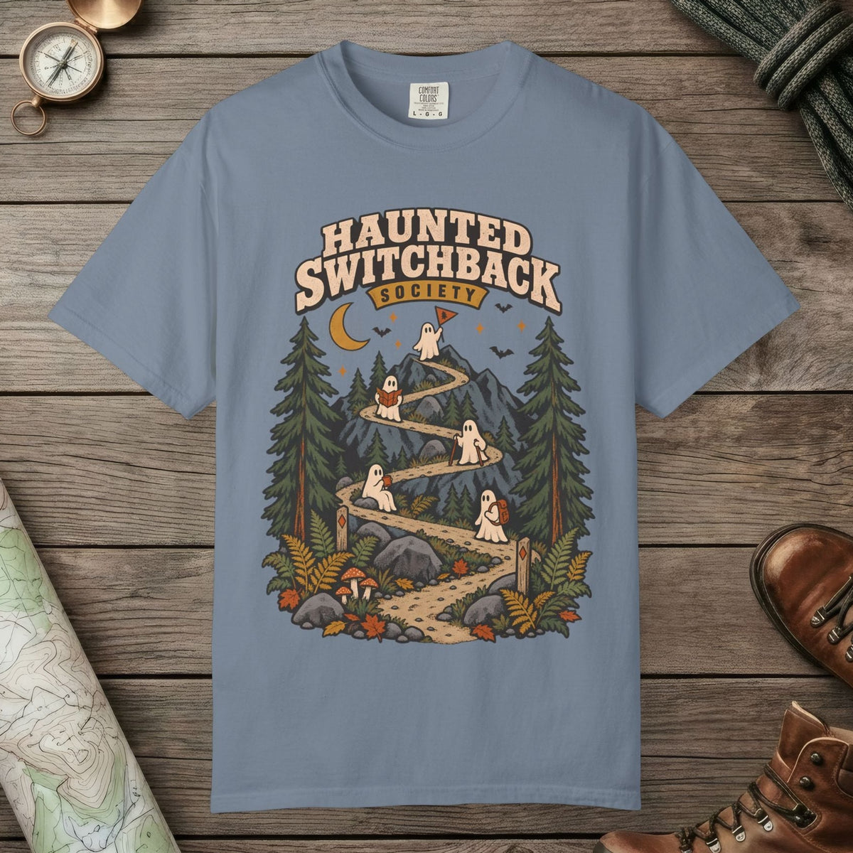 Blue Jean color unisex graphic t-shirt with "Haunted Switchback Society" design