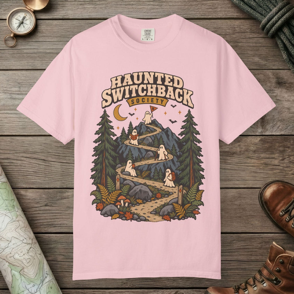 Blossom color unisex graphic t-shirt with "Haunted Switchback Society" design