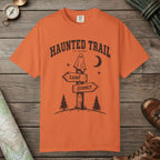 Burnt Orange color unisex graphic t-shirt with "Haunted Trail" design