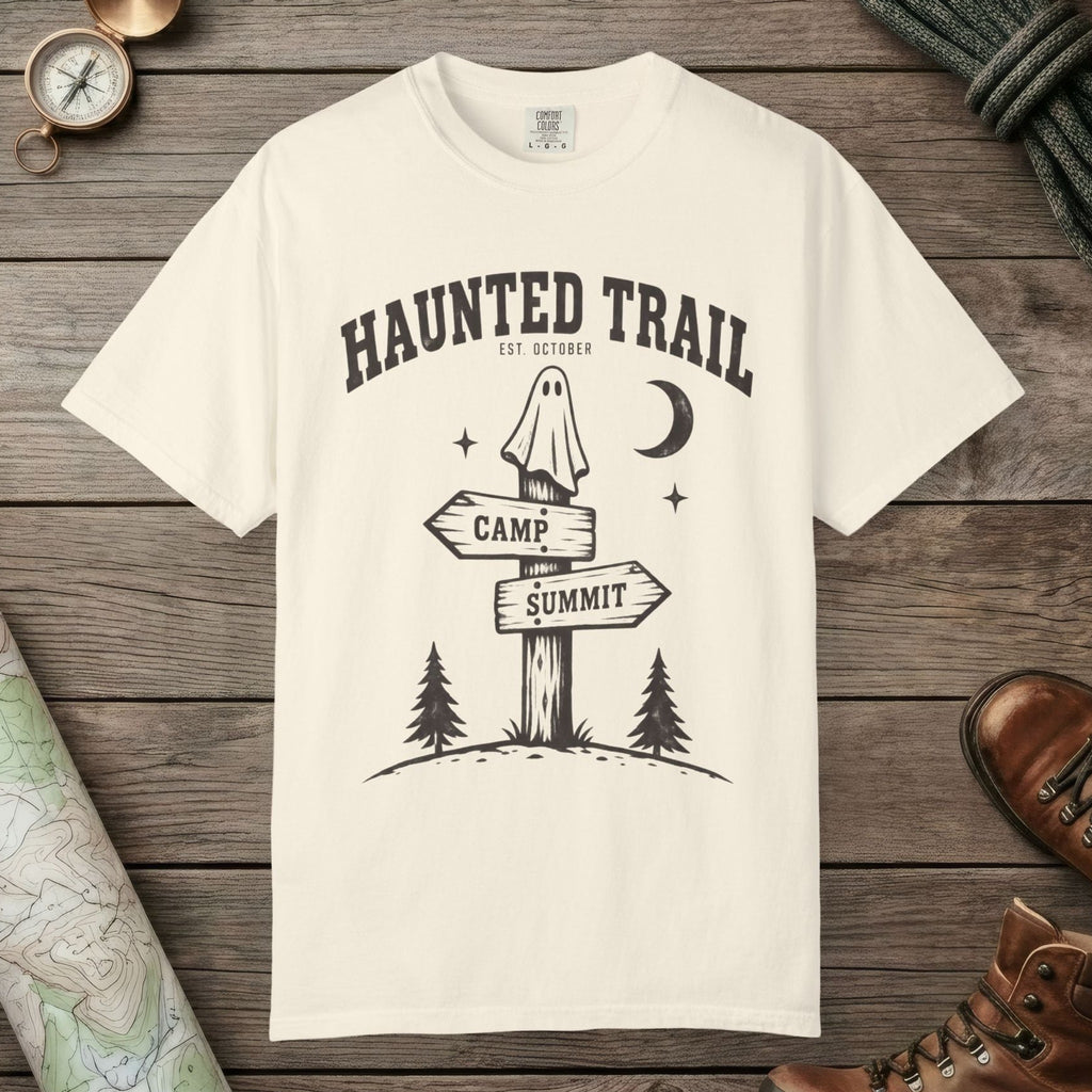 Ivory color unisex graphic t-shirt with "Haunted Trail" design