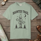 Bay color unisex graphic t-shirt with "Haunted Trail" design