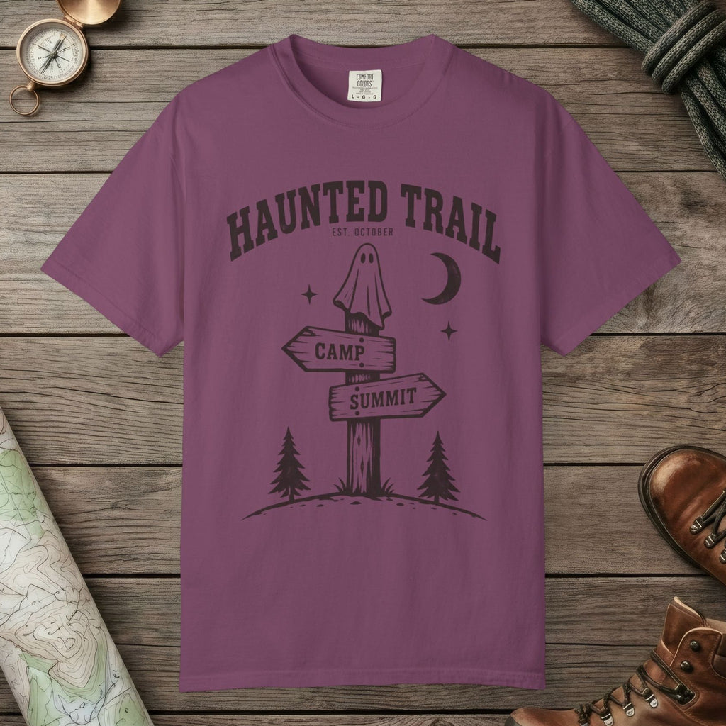 Berry color unisex graphic t-shirt with "Haunted Trail" design