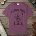 Berry color unisex graphic t-shirt with "Haunted Trail" design
