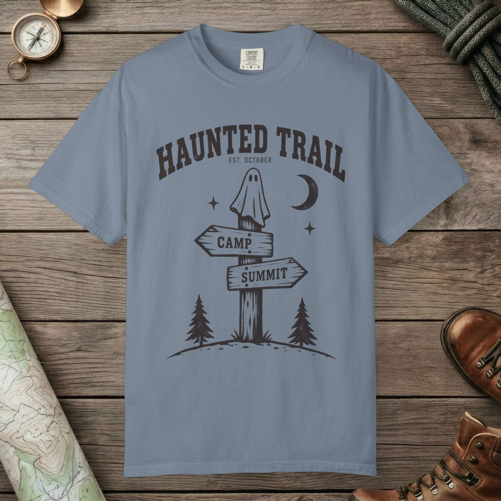 Blue Jean color unisex graphic t-shirt with "Haunted Trail" design