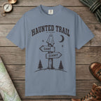 Blue Jean color unisex graphic t-shirt with "Haunted Trail" design