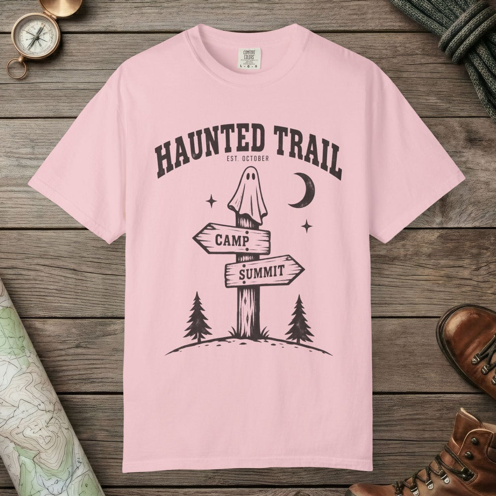 Blossom color unisex graphic t-shirt with "Haunted Trail" design