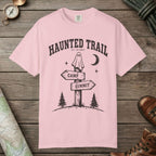 Blossom color unisex graphic t-shirt with "Haunted Trail" design