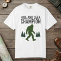 White color unisex graphic t-shirt with "Hide And Seek Champion" design