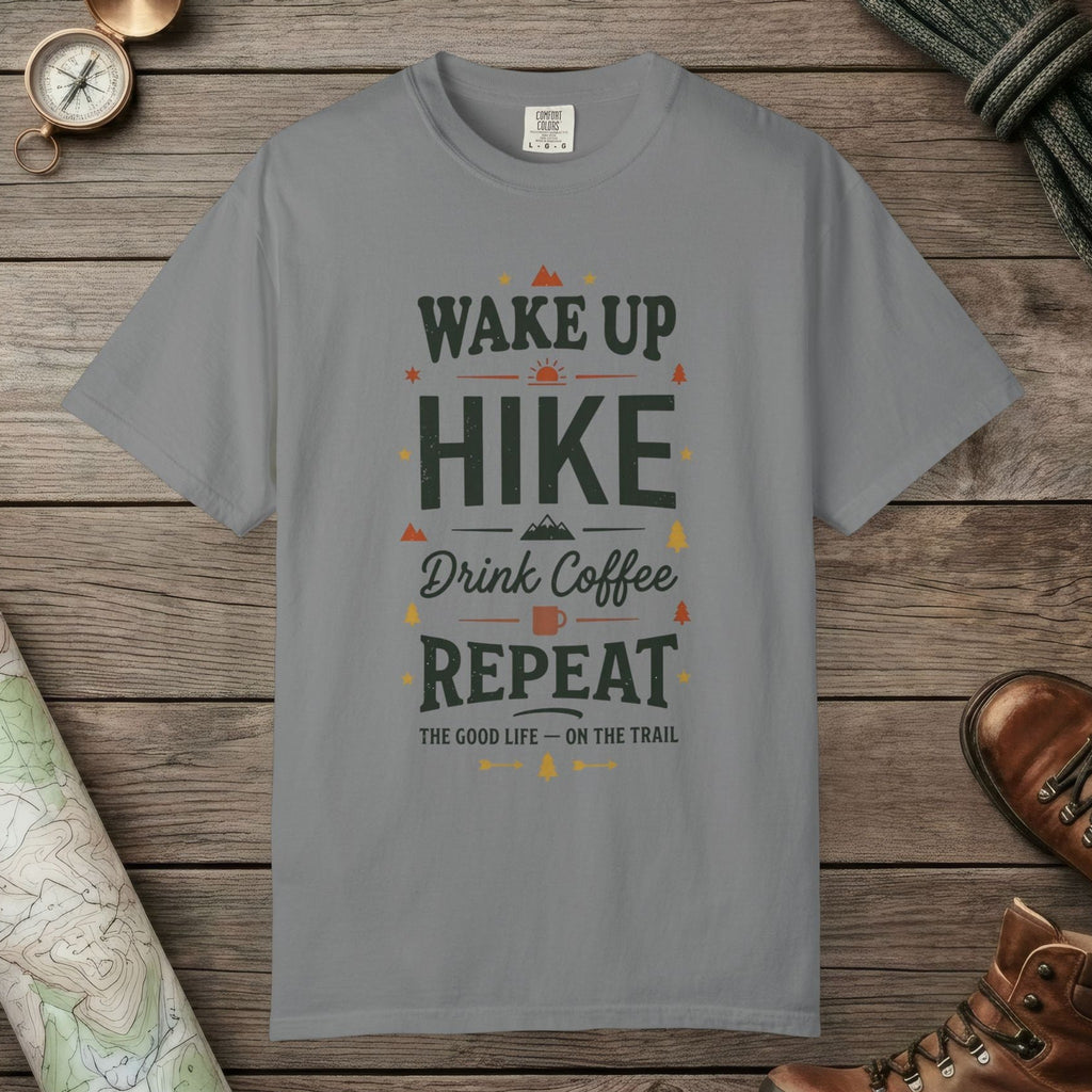 Grey color unisex graphic t-shirt with "Hiker's Manifesto" design
