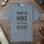 Blue Jean color unisex graphic t-shirt with "Hiker's Manifesto" design