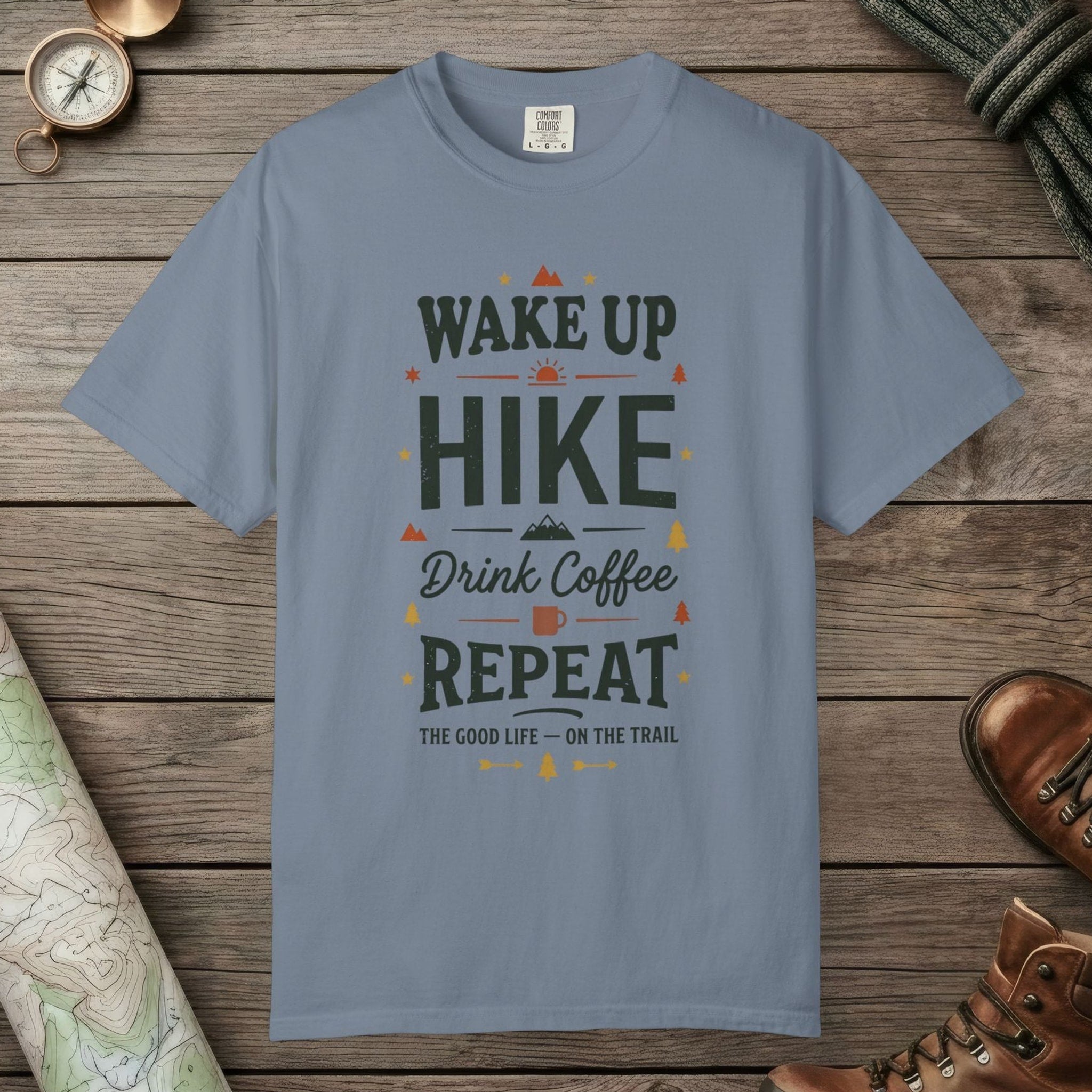 Blue Jean color unisex graphic t-shirt with "Hiker's Manifesto" design