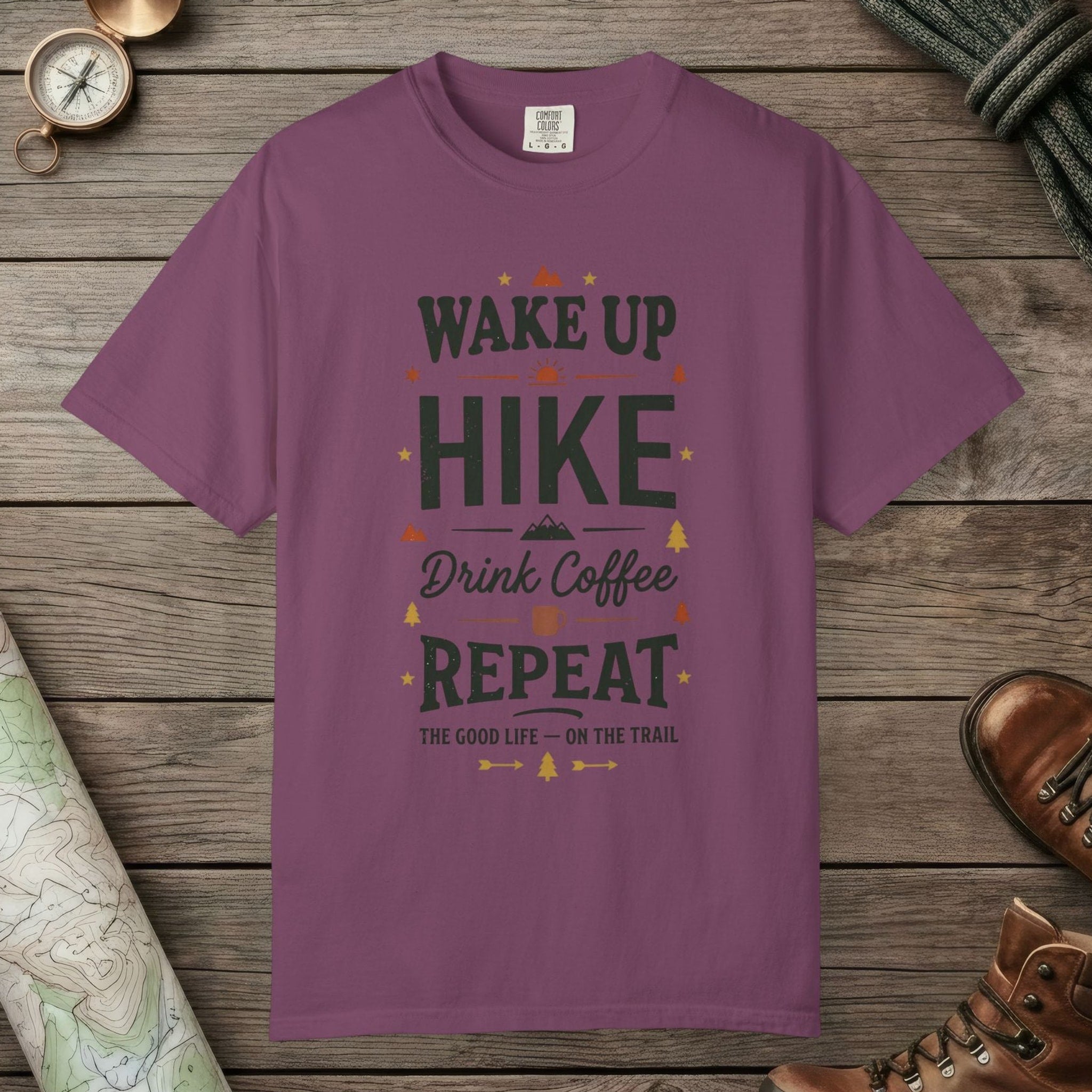 Berry color unisex graphic t-shirt with "Hiker's Manifesto" design