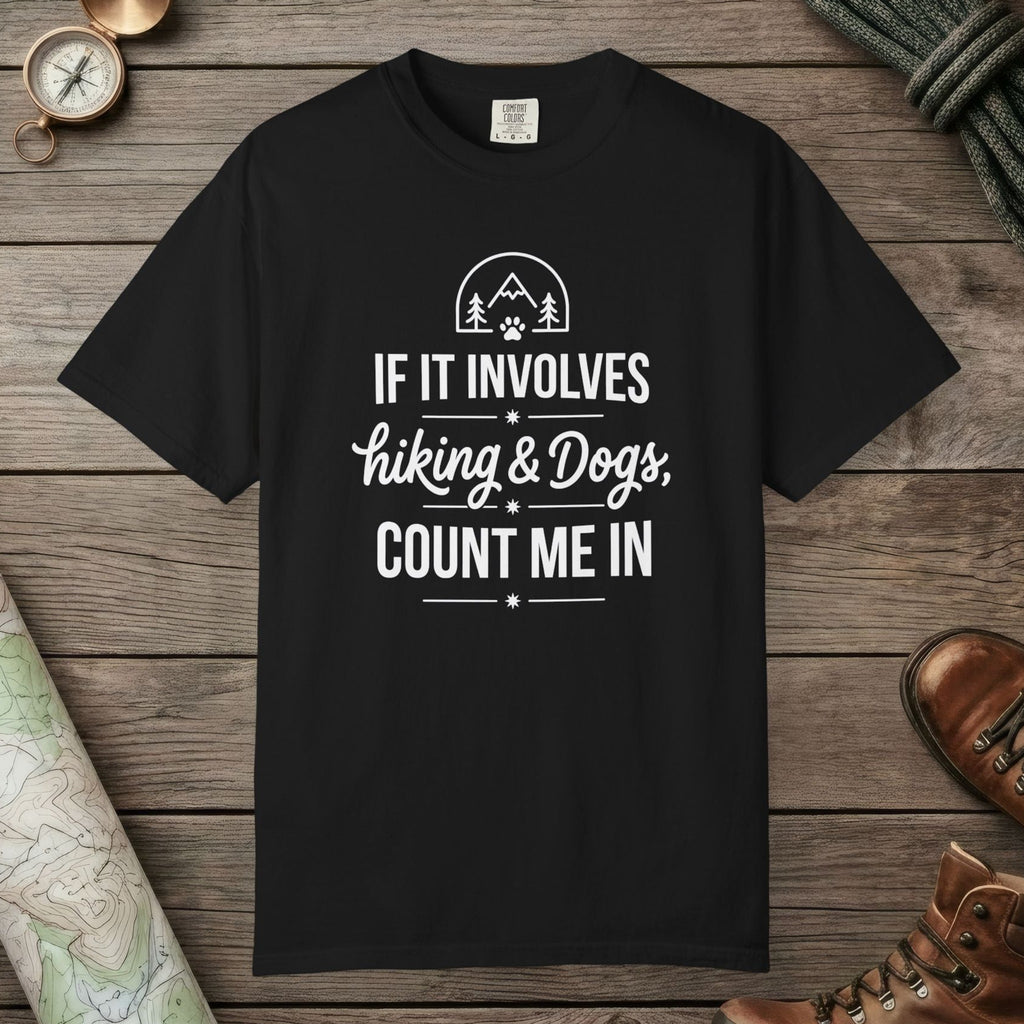 Black color unisex graphic t-shirt with "Hiking & Dog" design