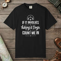 Black color unisex graphic t-shirt with "Hiking & Dog" design