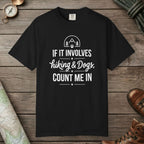 Black color unisex graphic t-shirt with "Hiking & Dog" design
