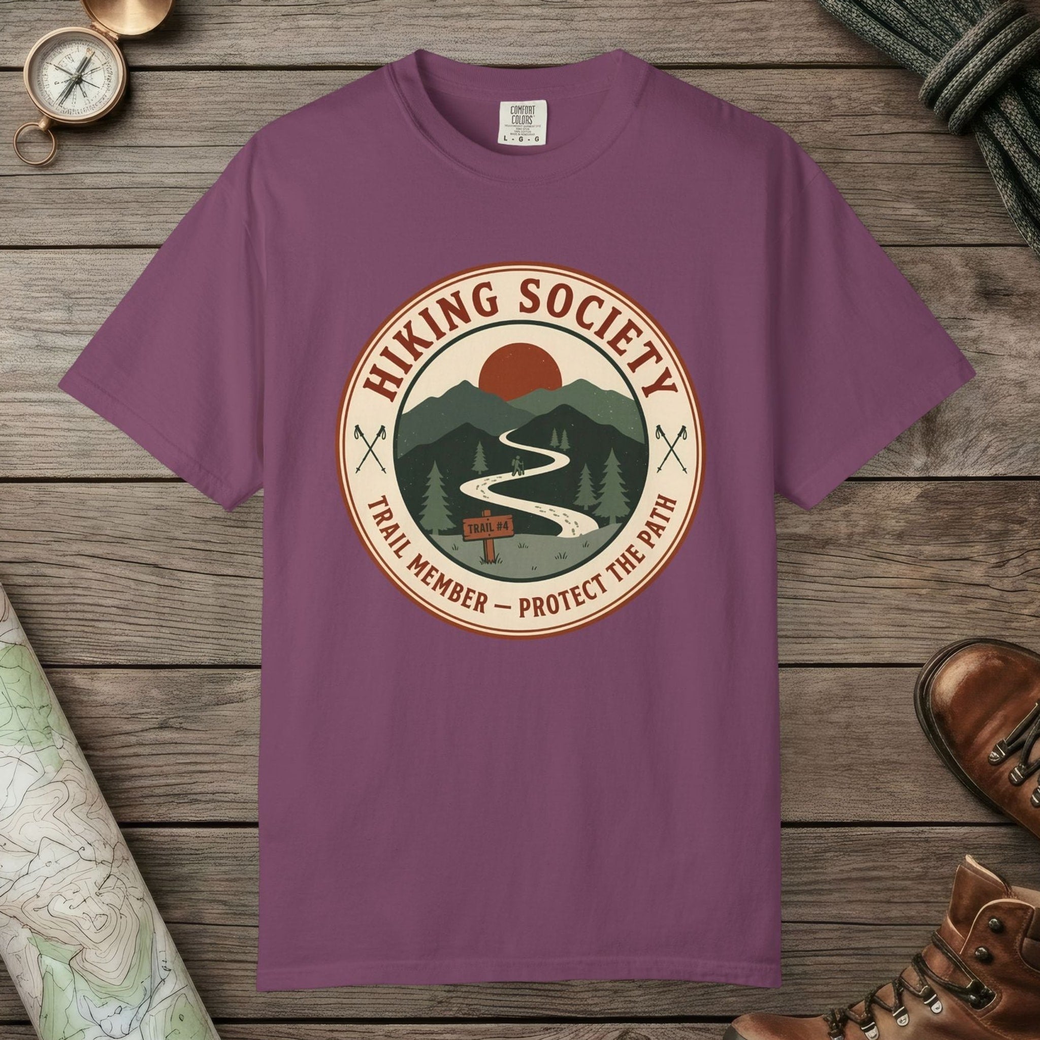 Berry color unisex graphic t-shirt with "Hiking Society" design