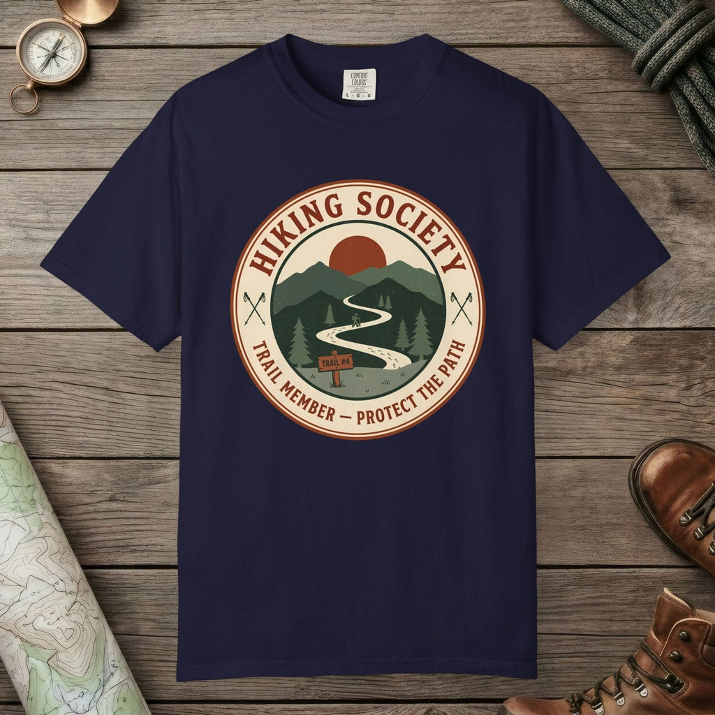 True Navy color unisex graphic t-shirt with "Hiking Society" design