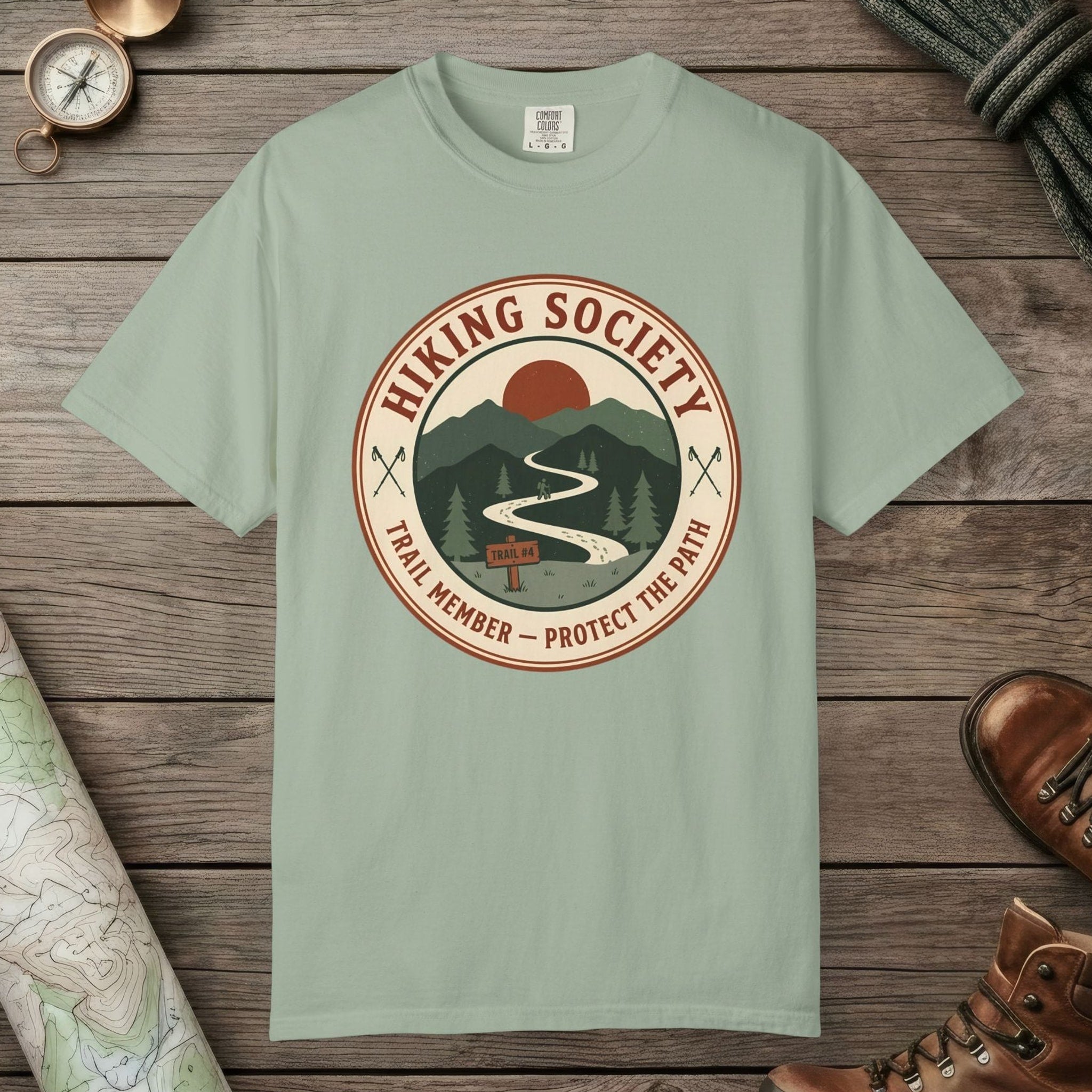 Bay color unisex graphic t-shirt with "Hiking Society" design