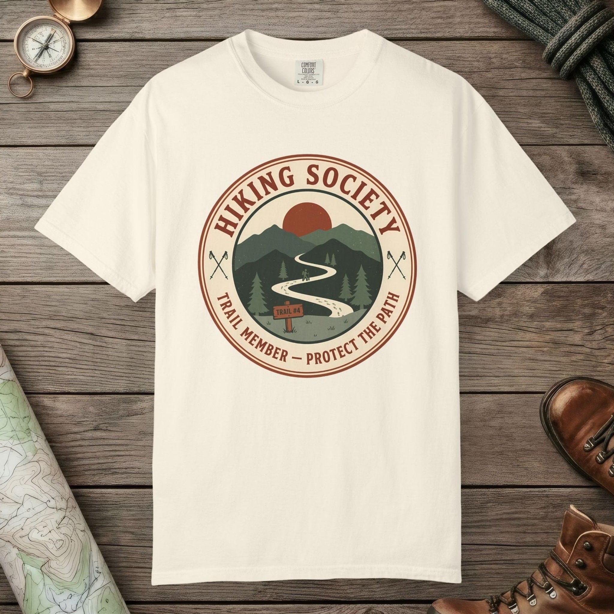 Ivory color unisex graphic t-shirt with "Hiking Society" design