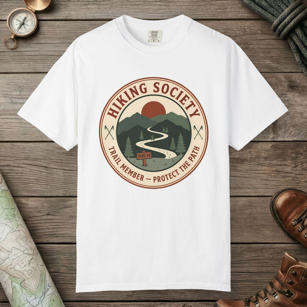 White color unisex graphic t-shirt with "Hiking Society" design