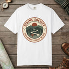 White color unisex graphic t-shirt with "Hiking Society" design