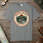 Grey color unisex graphic t-shirt with "Hiking Society" design