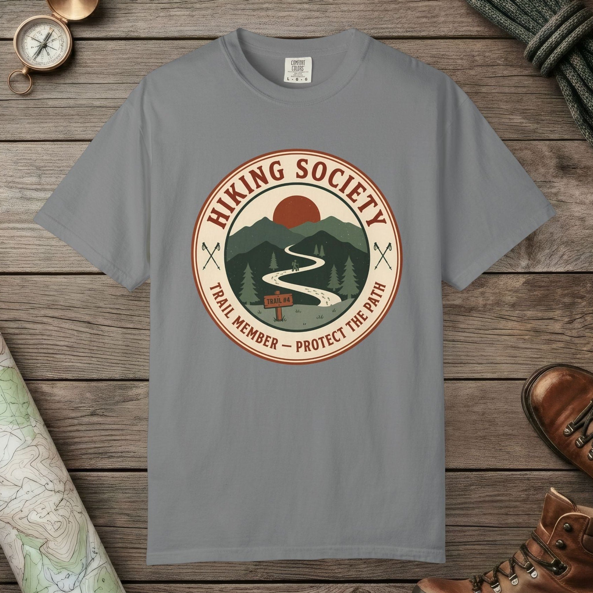 Grey color unisex graphic t-shirt with "Hiking Society" design