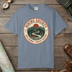 Blue Jean color unisex graphic t-shirt with "Hiking Society" design