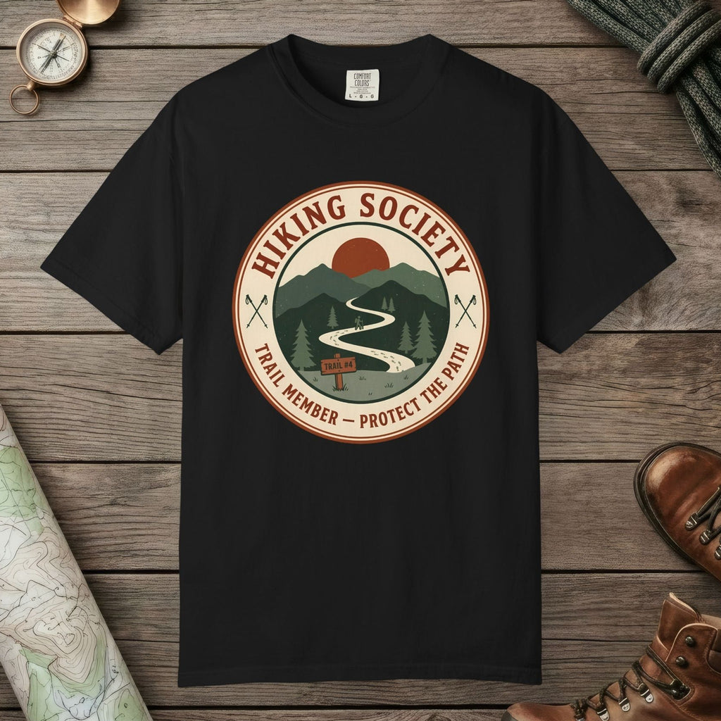 Black color unisex graphic t-shirt with "Hiking Society" design