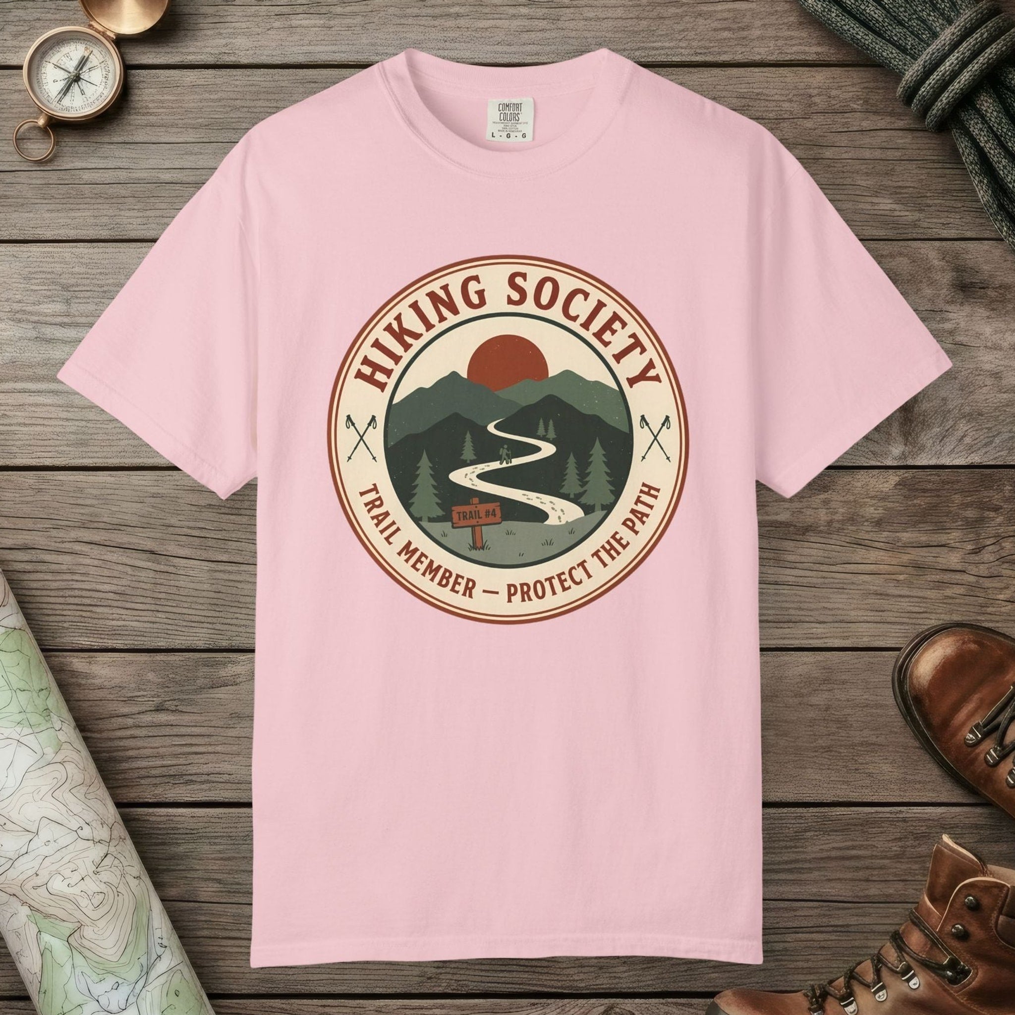Blossom color unisex graphic t-shirt with "Hiking Society" design