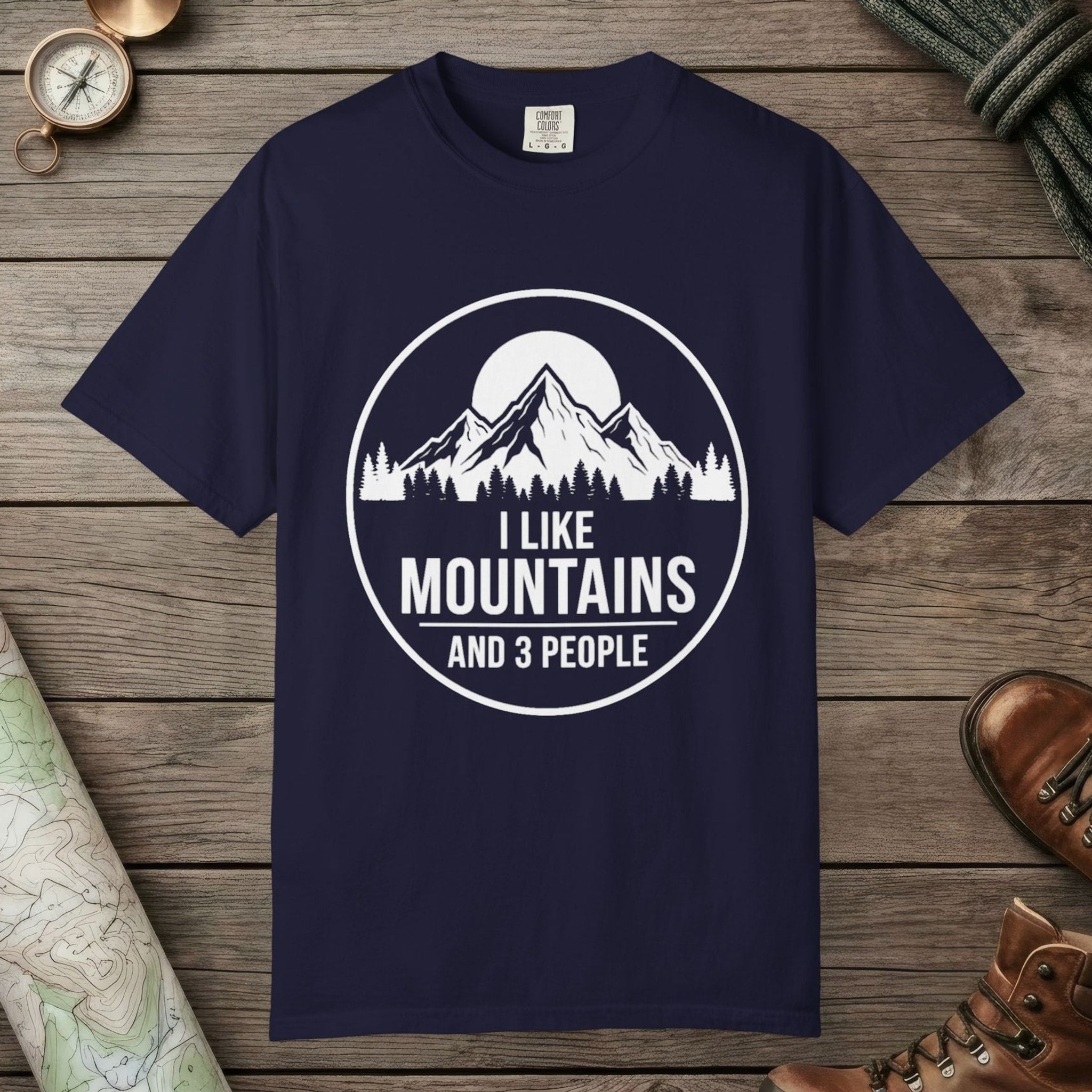 True Navy color unisex graphic t-shirt with "I Like Mountains" design