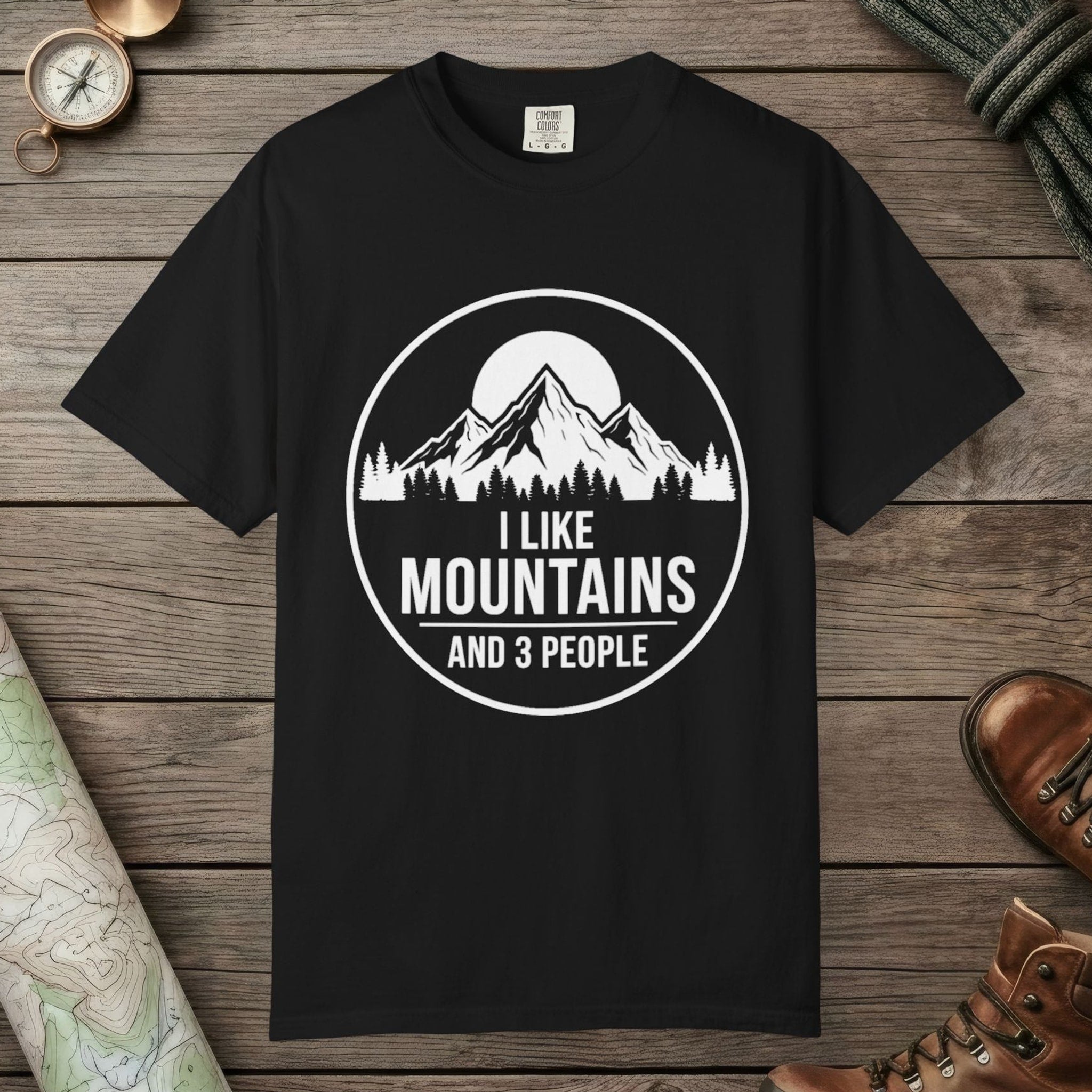 Black color unisex graphic t-shirt with "I Like Mountains" design