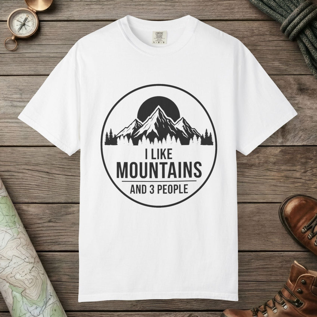 White color unisex graphic t-shirt with "I Like Mountains" design