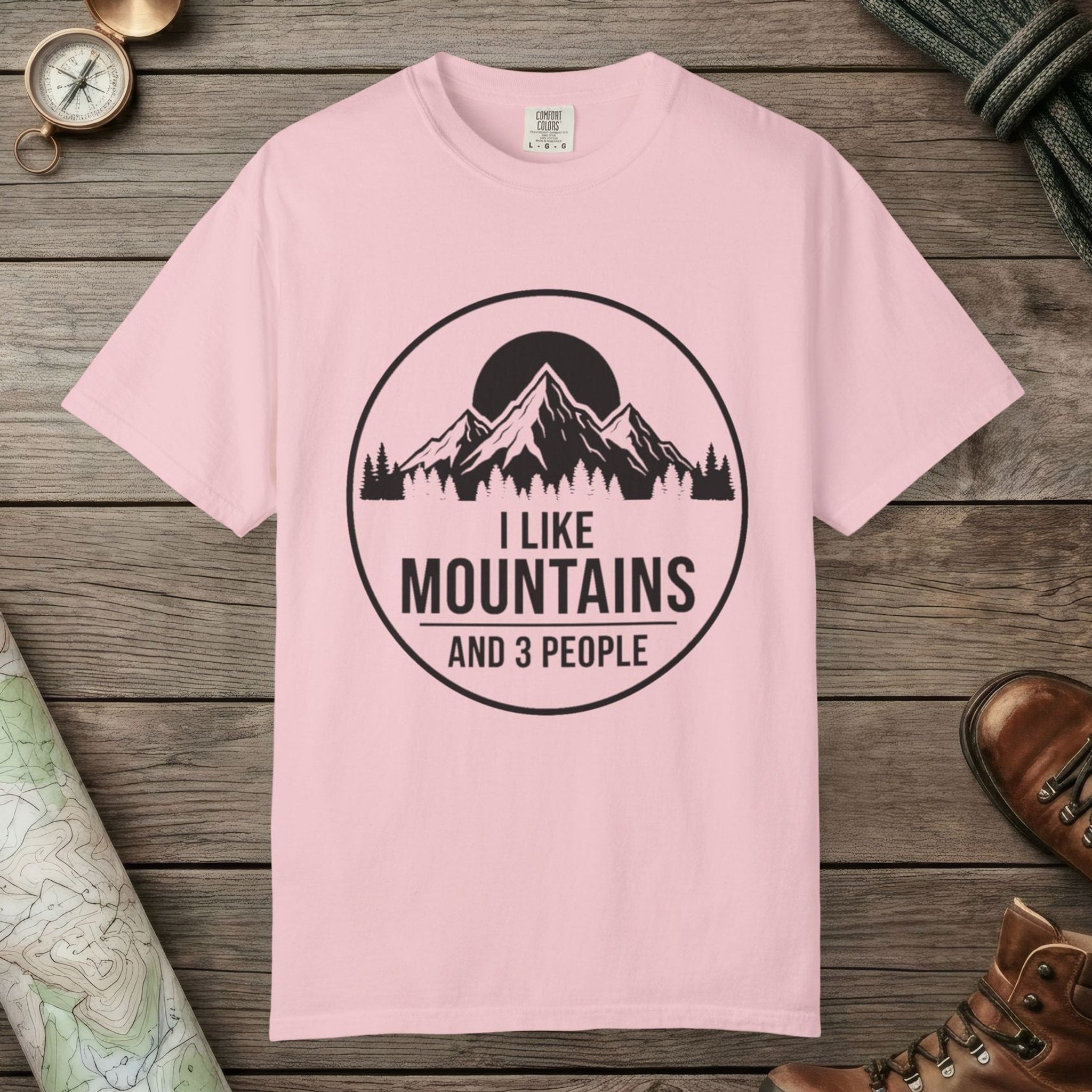 Blossom color unisex graphic t-shirt with "I Like Mountains" design