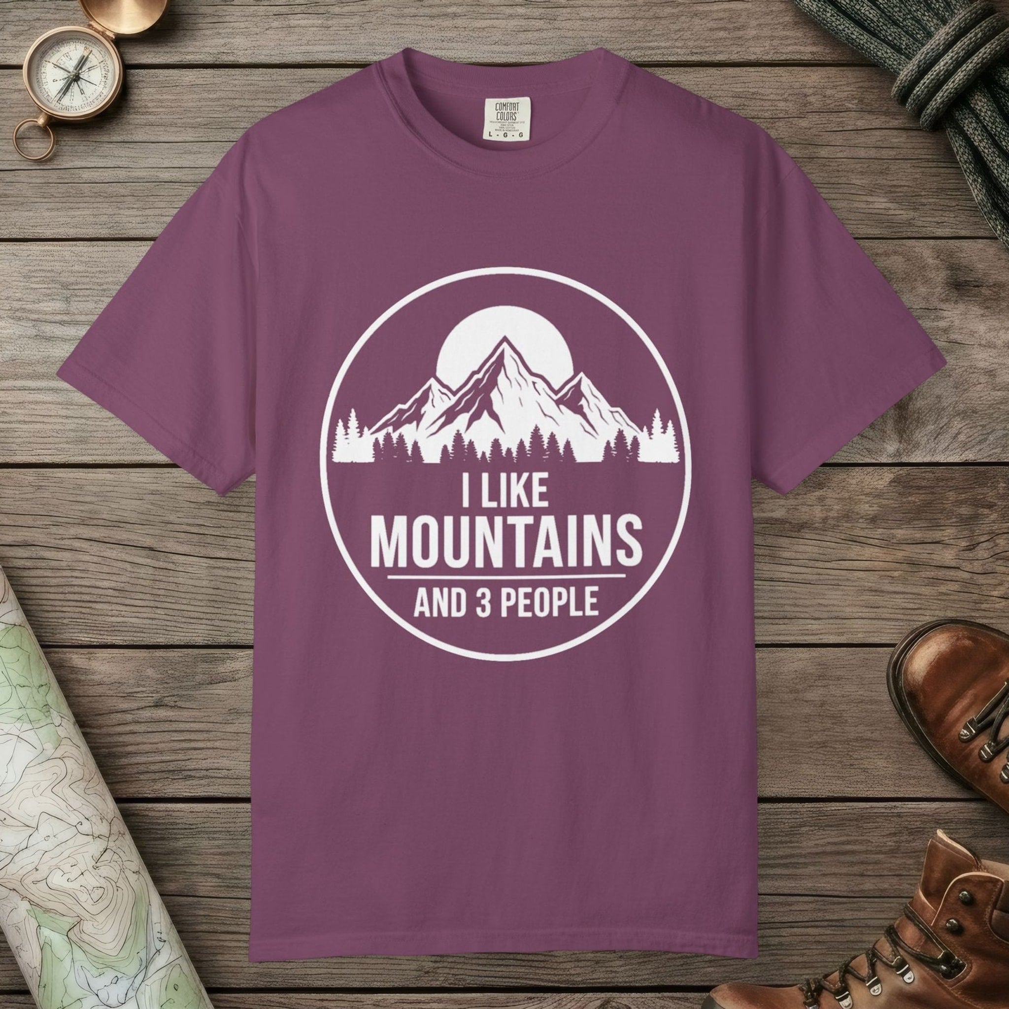 Berry color unisex graphic t-shirt with "I Like Mountains" design