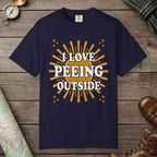 True Navy color unisex graphic t-shirt with "I Love Peeing Outside" design