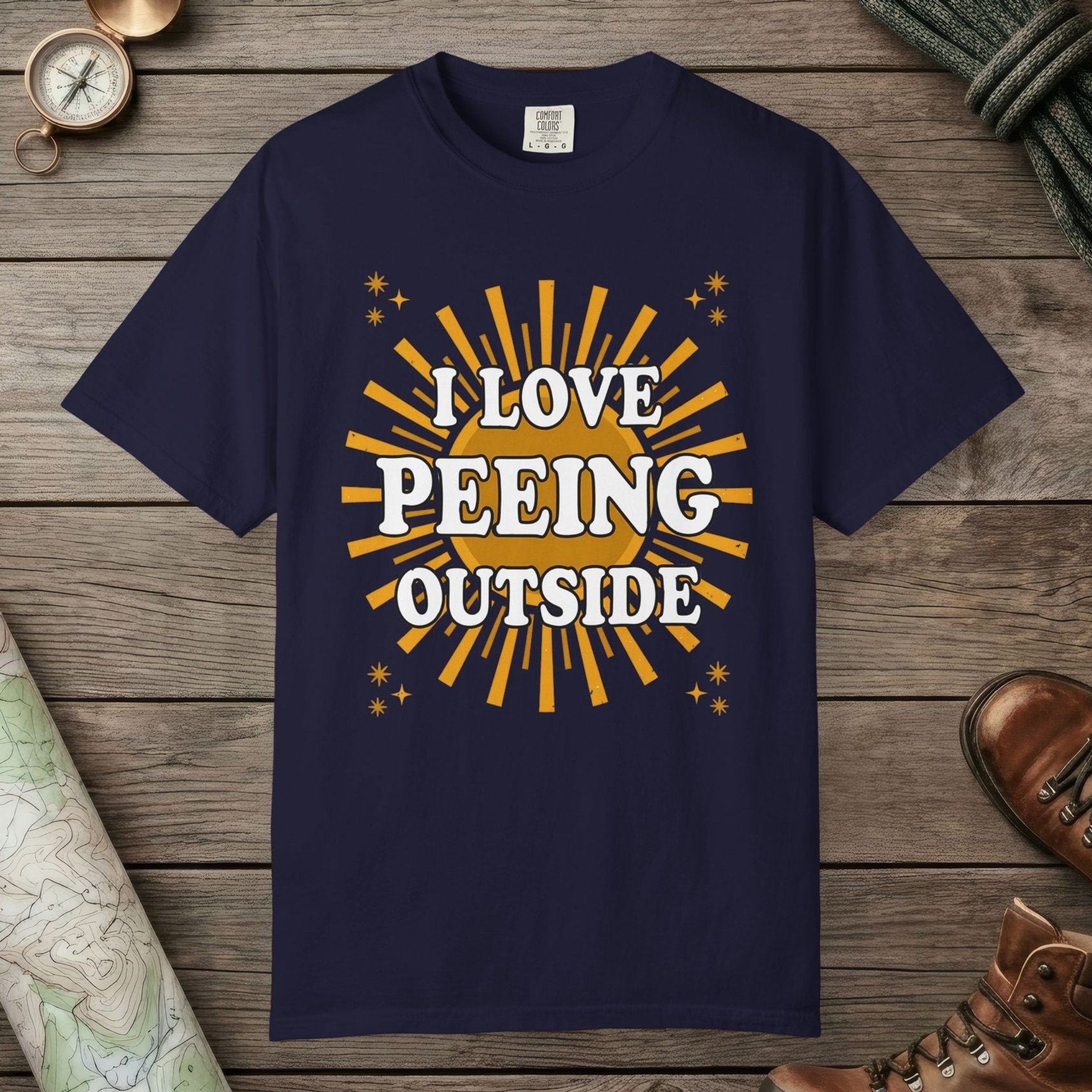 True Navy color unisex graphic t-shirt with "I Love Peeing Outside" design