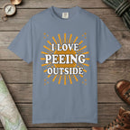 Blue Jean color unisex graphic t-shirt with "I Love Peeing Outside" design