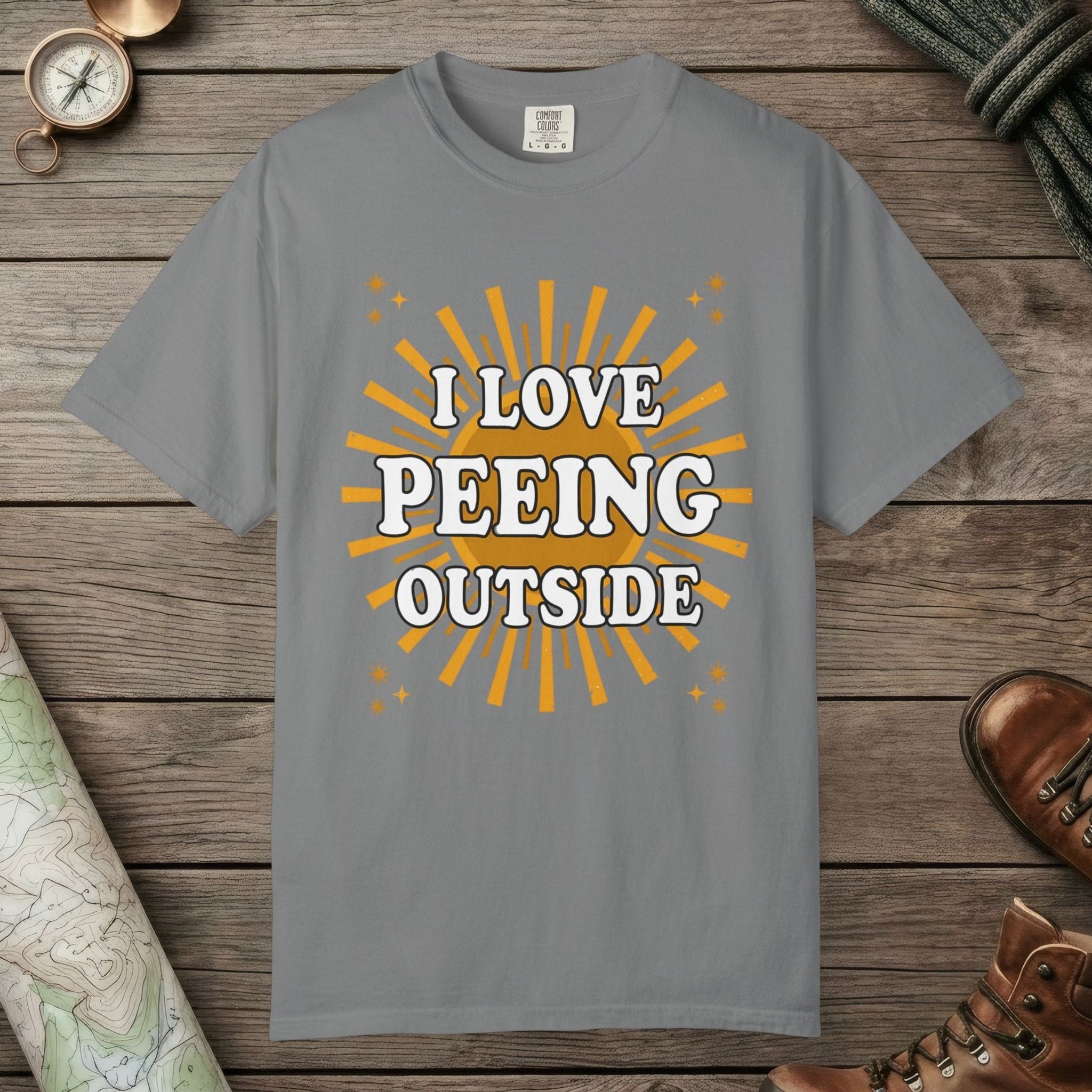 Grey color unisex graphic t-shirt with "I Love Peeing Outside" design