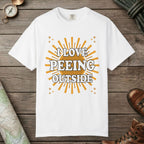 White color unisex graphic t-shirt with "I Love Peeing Outside" design