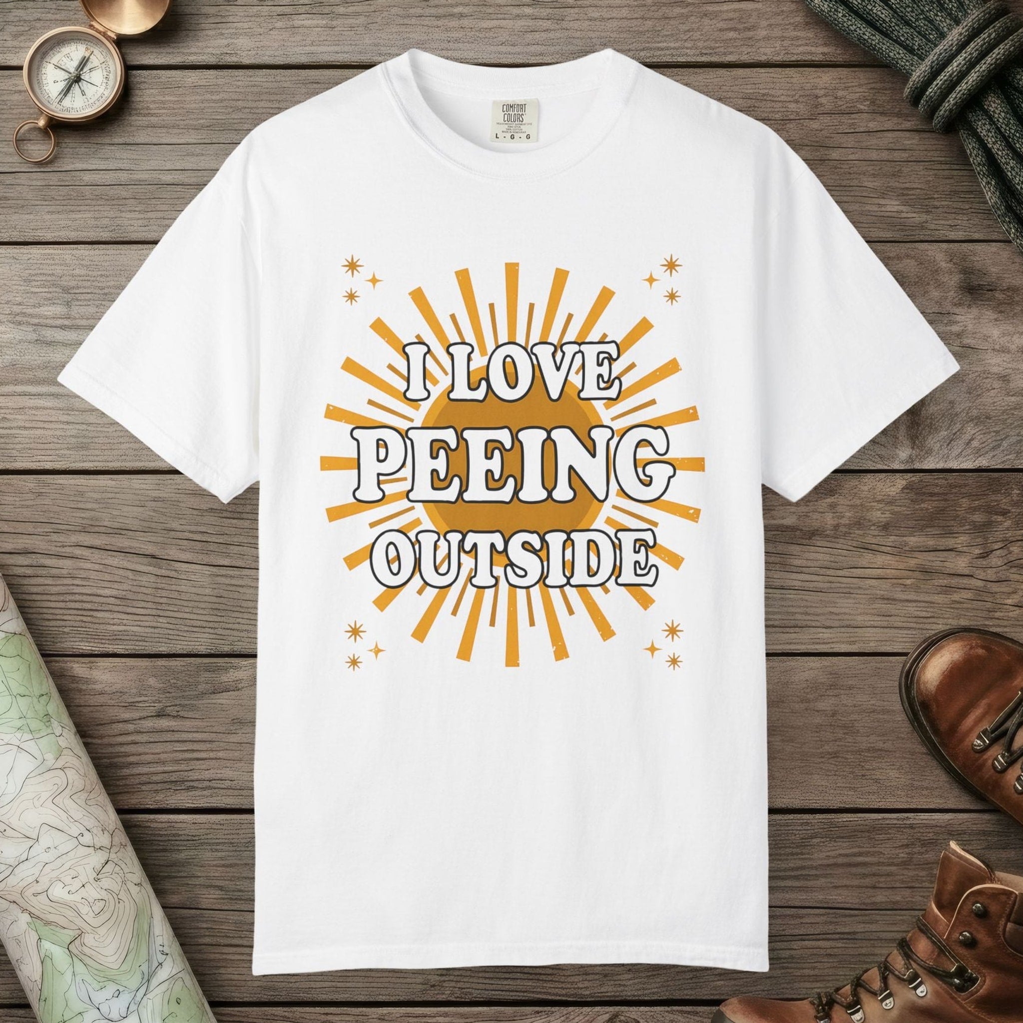 White color unisex graphic t-shirt with "I Love Peeing Outside" design