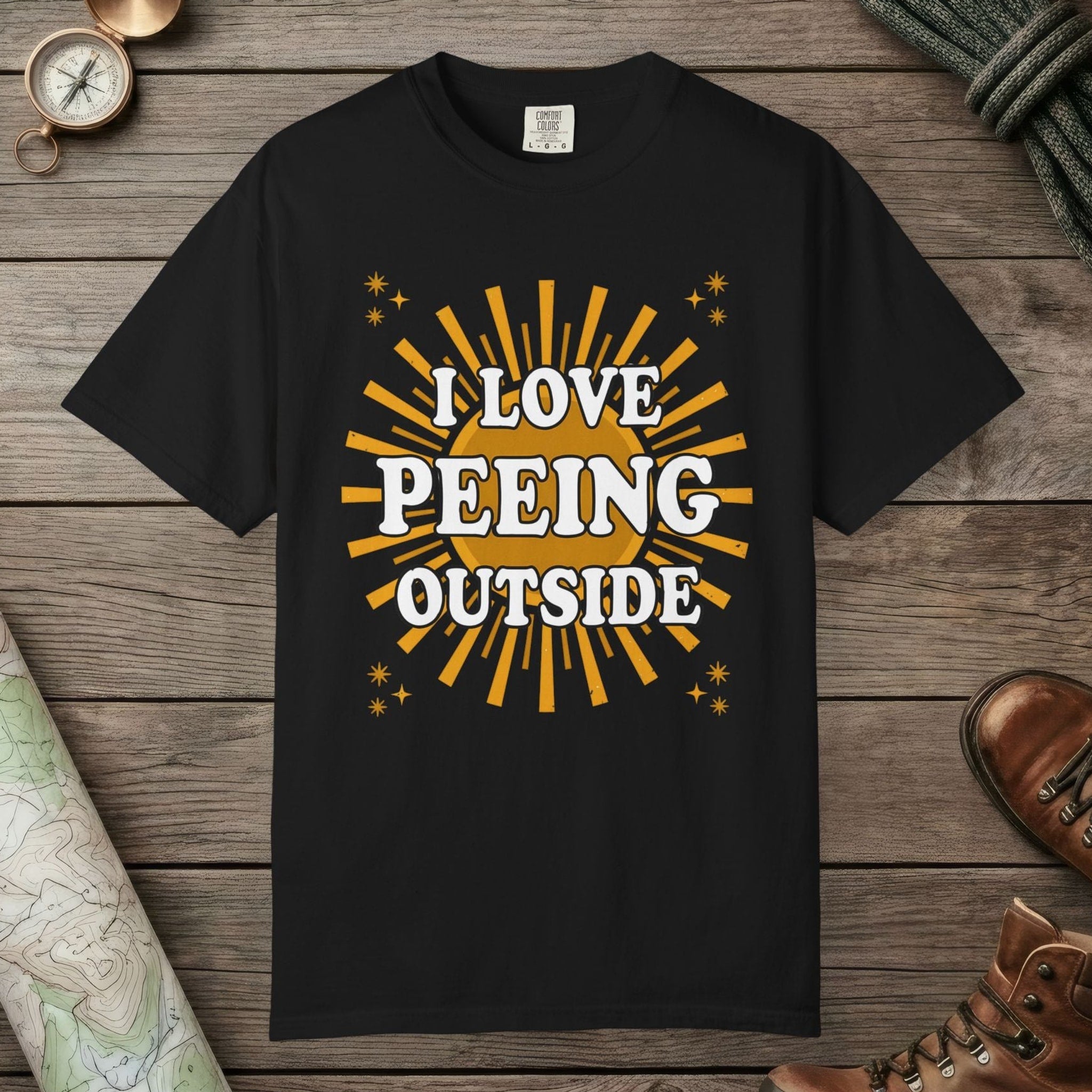 Black color unisex graphic t-shirt with "I Love Peeing Outside" design