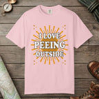 Blossom color unisex graphic t-shirt with "I Love Peeing Outside" design