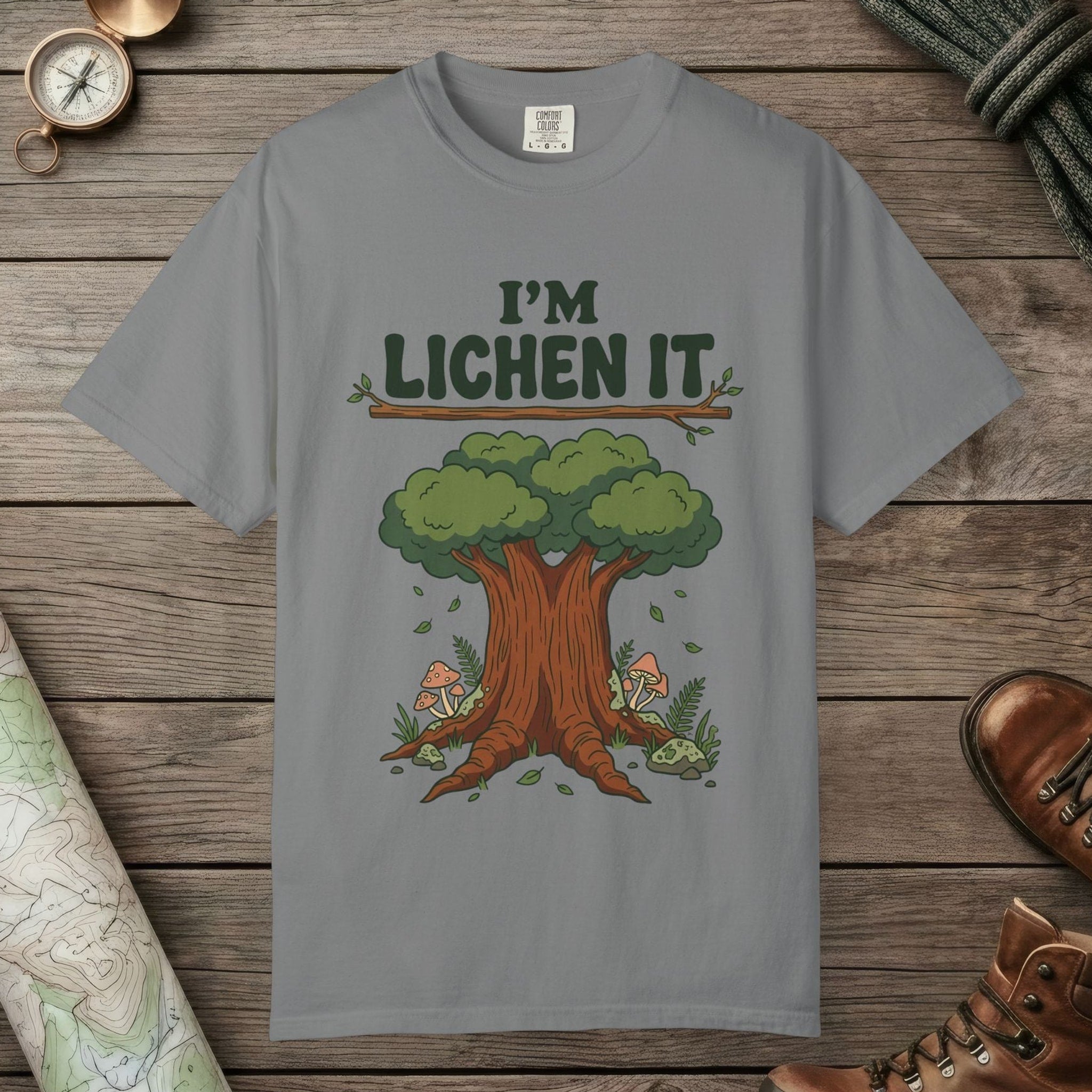Grey color unisex graphic t-shirt with "I'm Lichen It" design