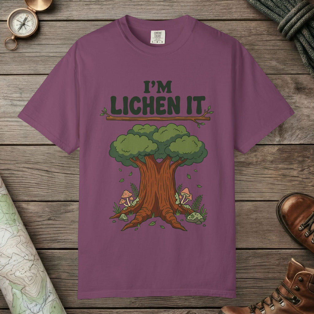 Berry color unisex graphic t-shirt with "I'm Lichen It" design