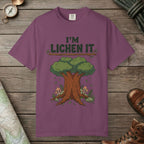 Berry color unisex graphic t-shirt with "I'm Lichen It" design